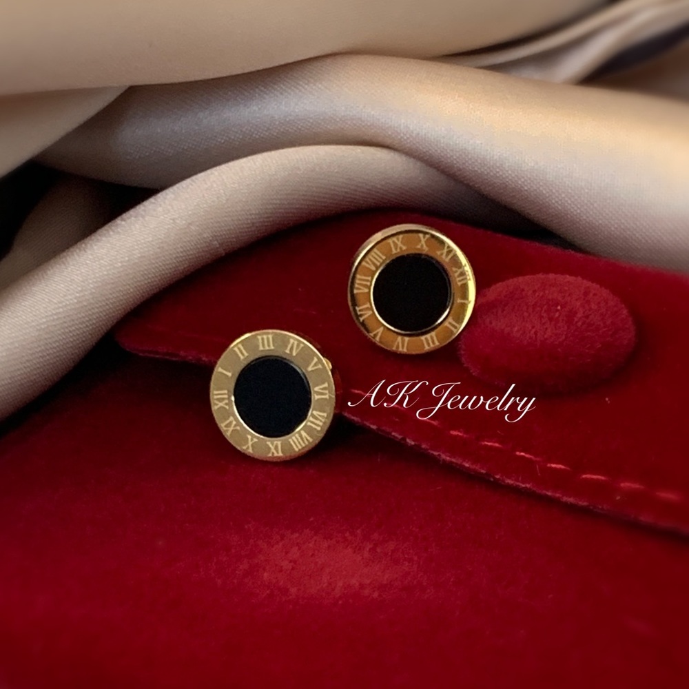 💎EARRINGS Roman Numeral Plated Black Onyx Inlay Pierced